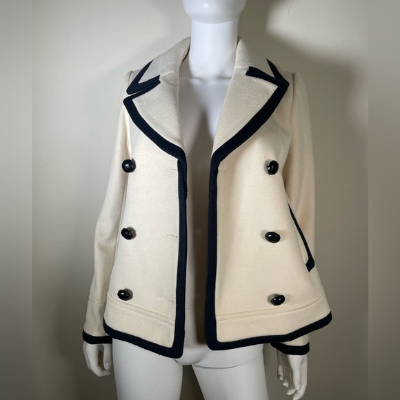 J. Crew Wool Cream Navy Trim Pea Coat Nello Gori Italian Fabric Jacket Womens 2 - Picture 9 of 16